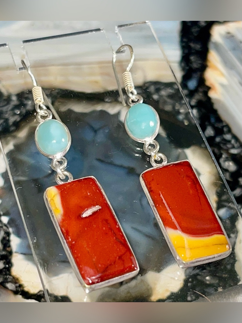 Mookaite & Caribbean Larimar Earrings 2 1/2”